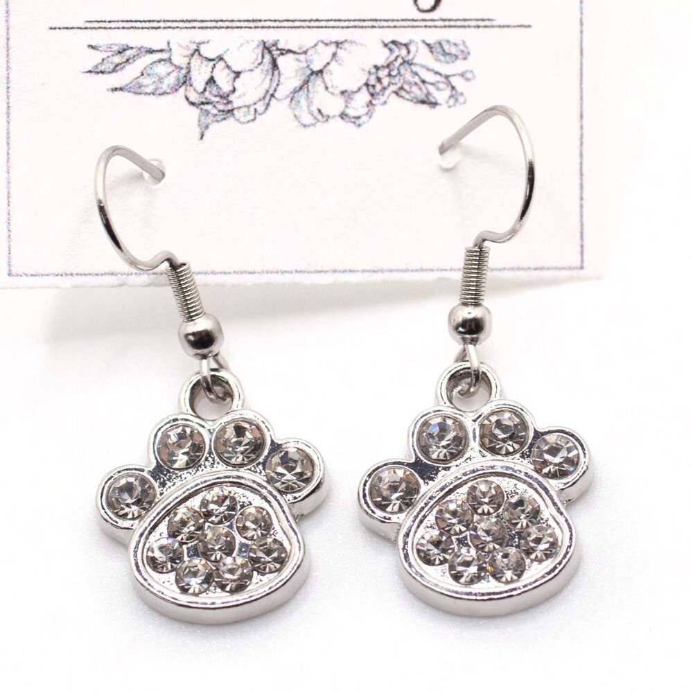 Handmade Silvertone & Crystal Pet Paw Print Earrings, New
